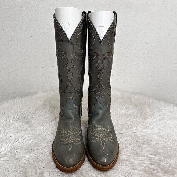 ACME Made in USA Gray Leather Western Cowboy Work Tall Rider Boots Men's 6.5 D - Picture 3 of 9